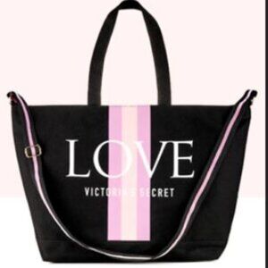 Victoria’s Secret Love Spellout Tote Bag Black Pink Canvas NEW